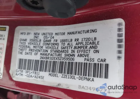 2005 Toyota Corolla Le from USA, damaged, VIN 1NXBR32EX5Z359506